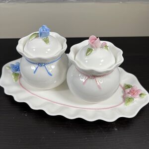VintageVictorian Capodimonte Blue/pink Rose Hankook Bone China Sugar Bowls Tray